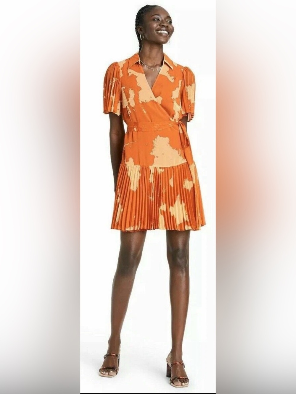 Alexis for Target Orange and Cream Pleated Wrap Mini Dress Small - Picture 3 of 9